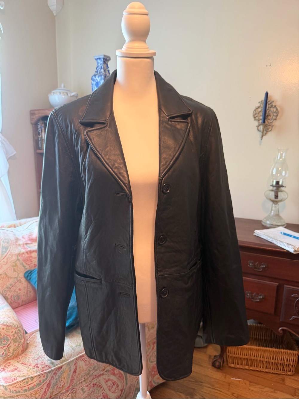 Dockers Classic Black Leather Button-Up Blazer Jacket